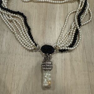 Betsey Johnson Black and White Pearl Necklace with Crystal Vial